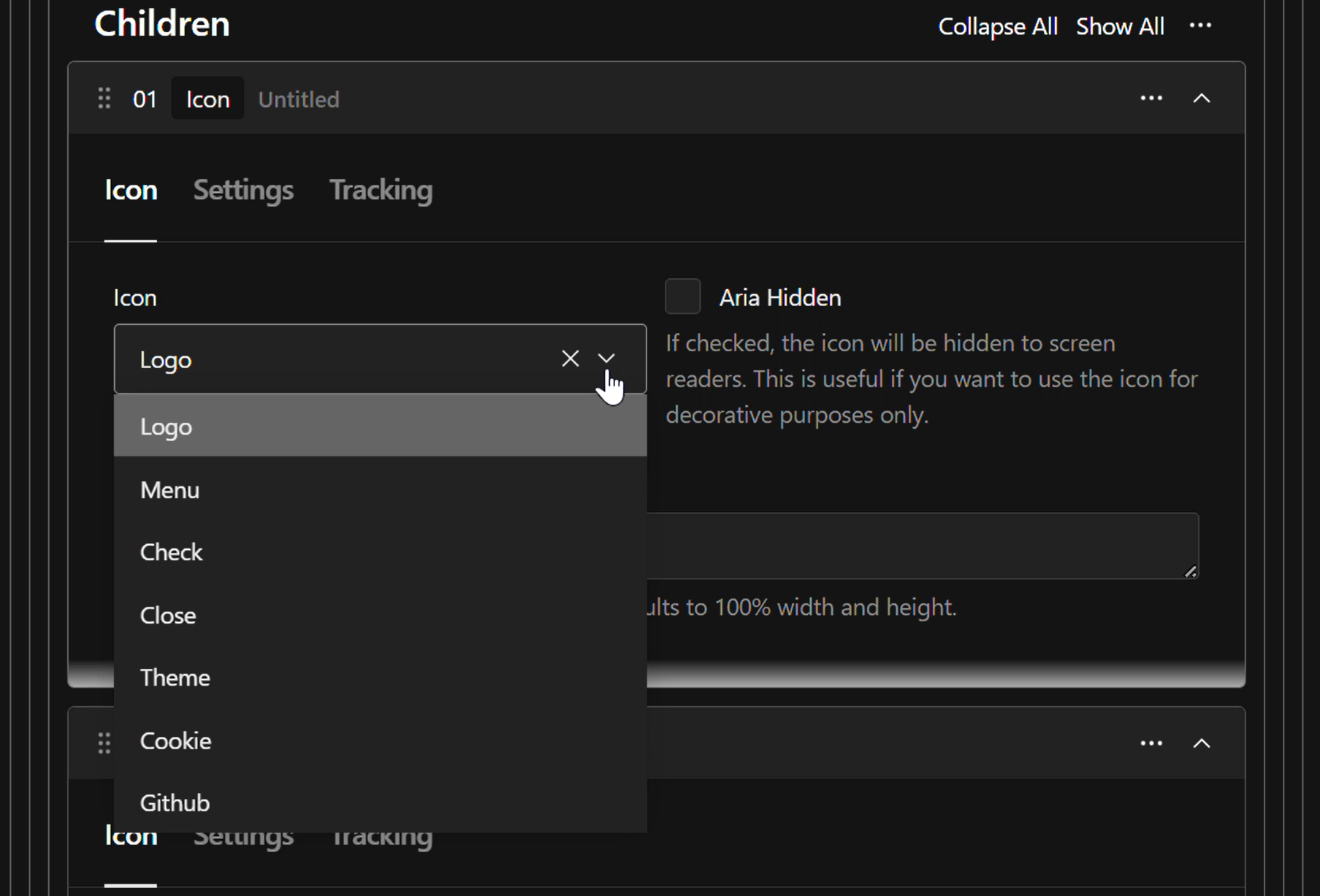 Showcase of the Icon Select Field in the Icon Child Block.